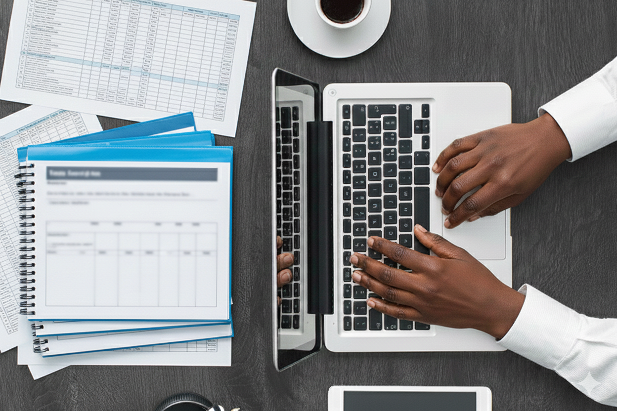 African lady professional working on tender documents and Excel BOQ